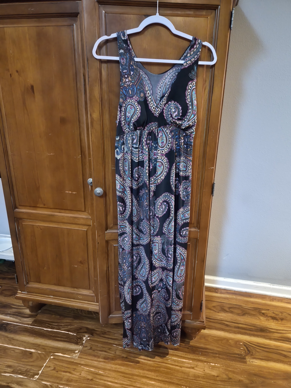 Sleeveless Black Paisley Maxi Dress with Teal & Rust Accents